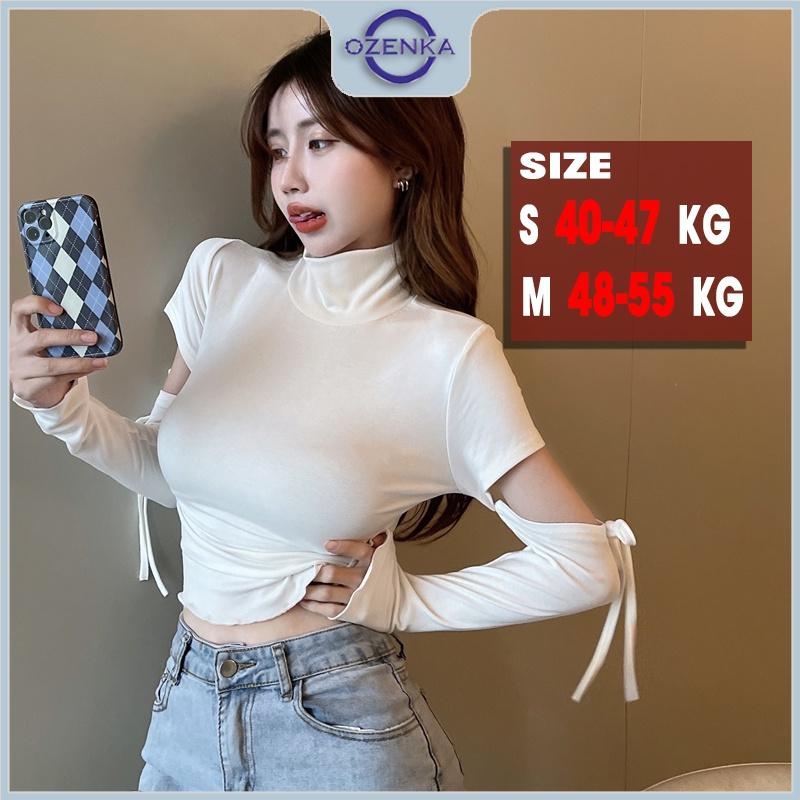 Áo croptop nữ tay dài cổ lọ ôm body Ozenka , áo crt kiểu hở tay thun gân 100% cotton màu đen trắng dưới 55 kg