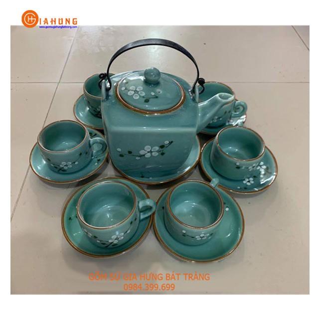 Bộ ấm chén men lam hoa đào