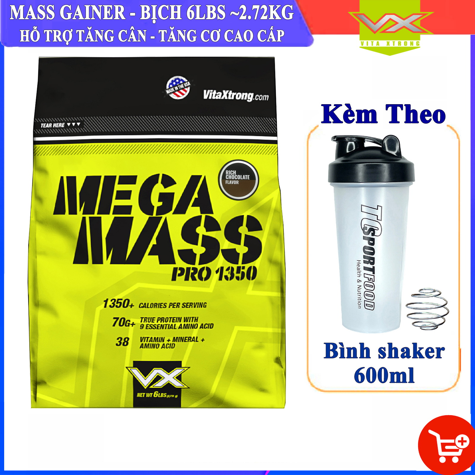 Combo Sữa tăng cân tăng cơ MEGA MASS của VITAXTRONG bịch 6LBS hỗ trợ tăng cân tăng cơ nhanh cho người gầy, khó hấp thụ &amp; Bình shaker 600ml (Mẫu ngẫu nhiên)