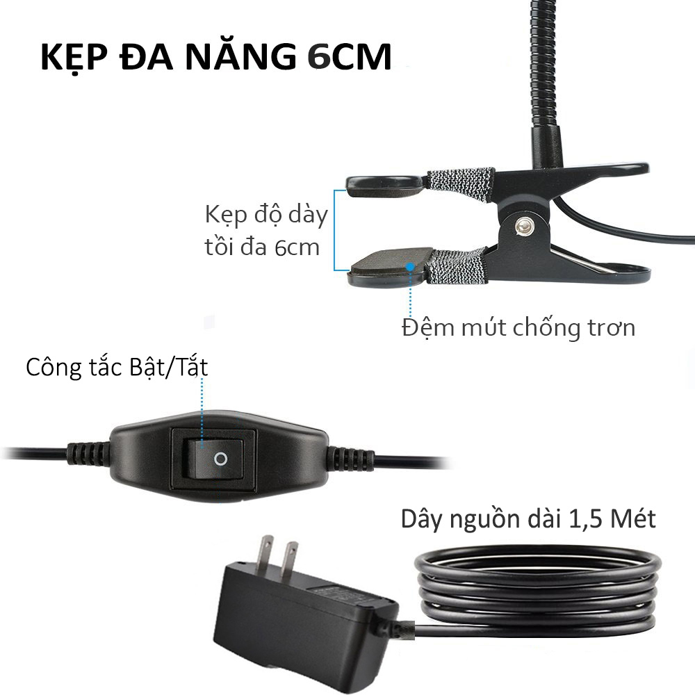 Đèn học, Đèn đọc sách kẹp bàn đầu giường LED 3W - 5V, Loại ánh sáng chiếu rọi điểm chống lóa, Ánh sáng vàng ấm