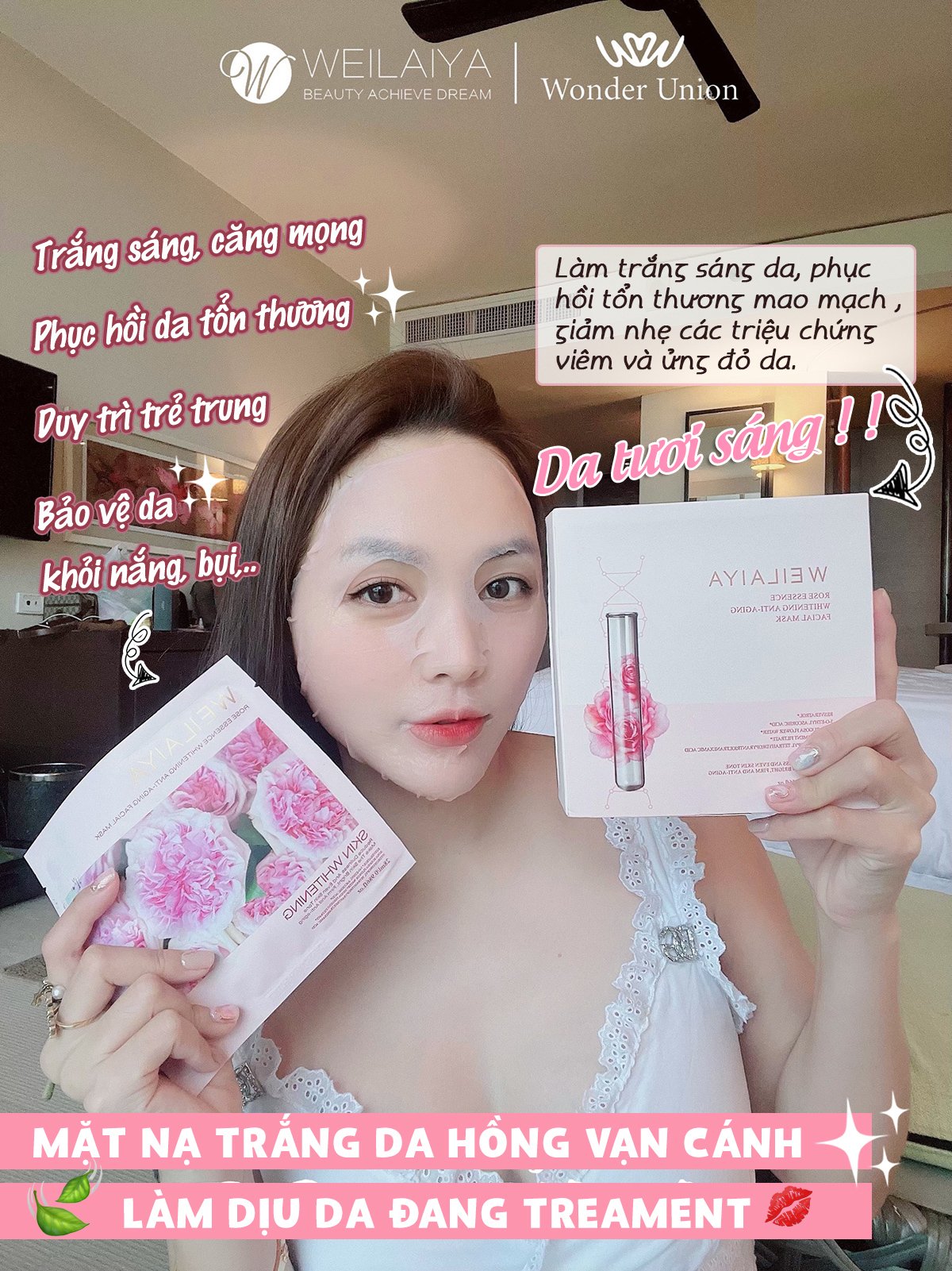 Mặt nạ trắng da hồng vạn cánh Weilaiya - Weilaiya Rose Essence Whitening Anti-aging Facial Mask - 5 miếng 