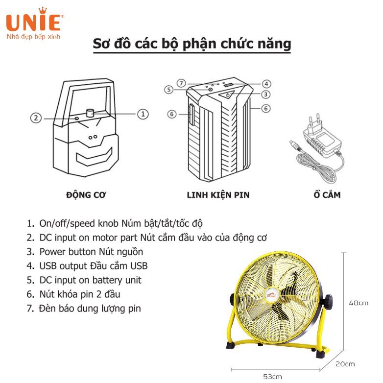 Quạt sàn tích điện Unie UE-880 công suất 26W dung lượng Pin 18000mA sử dụng 10-48h. HÀNG CHÍNH HÃNG