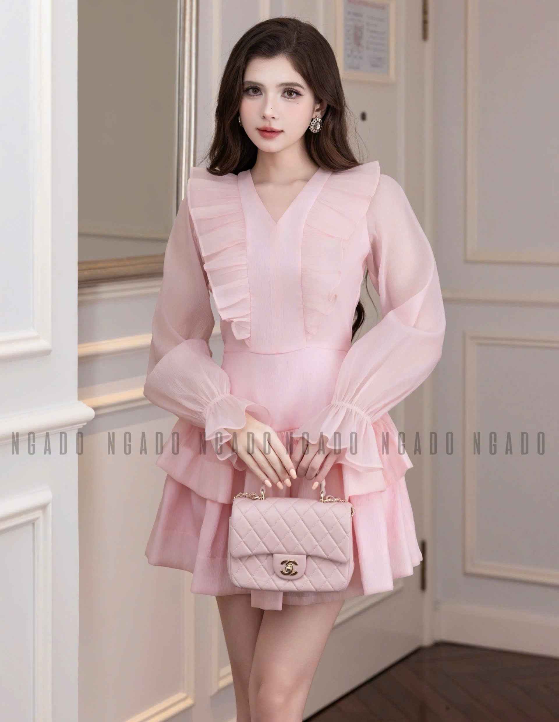 Đầm hồng tay voan NGADO , đầm voan , đầm nữ , đầm dự tệc, dạo phố