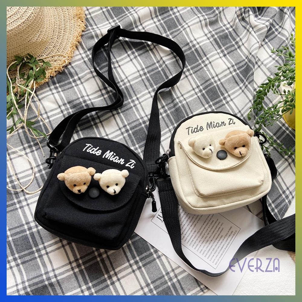 Túi Vải Canvas Đeo Chéo Nữ Nhỏ Gọn Cá Tính Kèm Phụ Kiện Dễ Thương Thời Trang Phong Cách Hàn Quốc