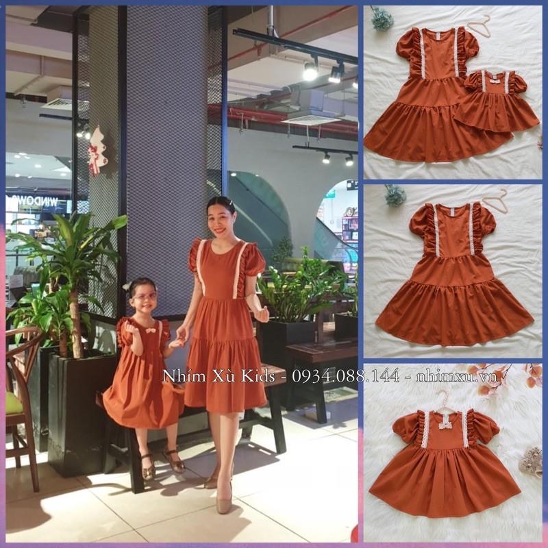 Váy Mẹ Và Bé 4kg-64kg Tay Ngắn Màu Nâu Tây Sang Chảnh Chất Đũi Siêu Mát