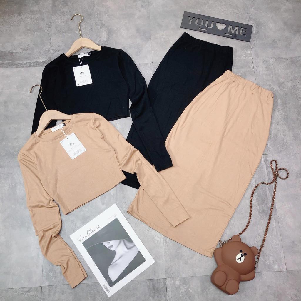 SET VÁY THUN BODY ÁO CỔ TRÒN DÀI TAY MIX CHÂN VÁY DÀI-hình chụp trải sàn