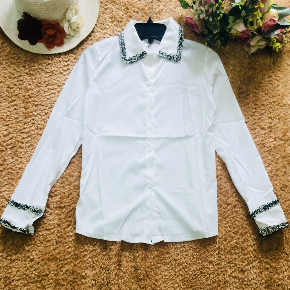 Áo Sơ Mi Trắng Tay Dài Phối Viền Đen - Size M
