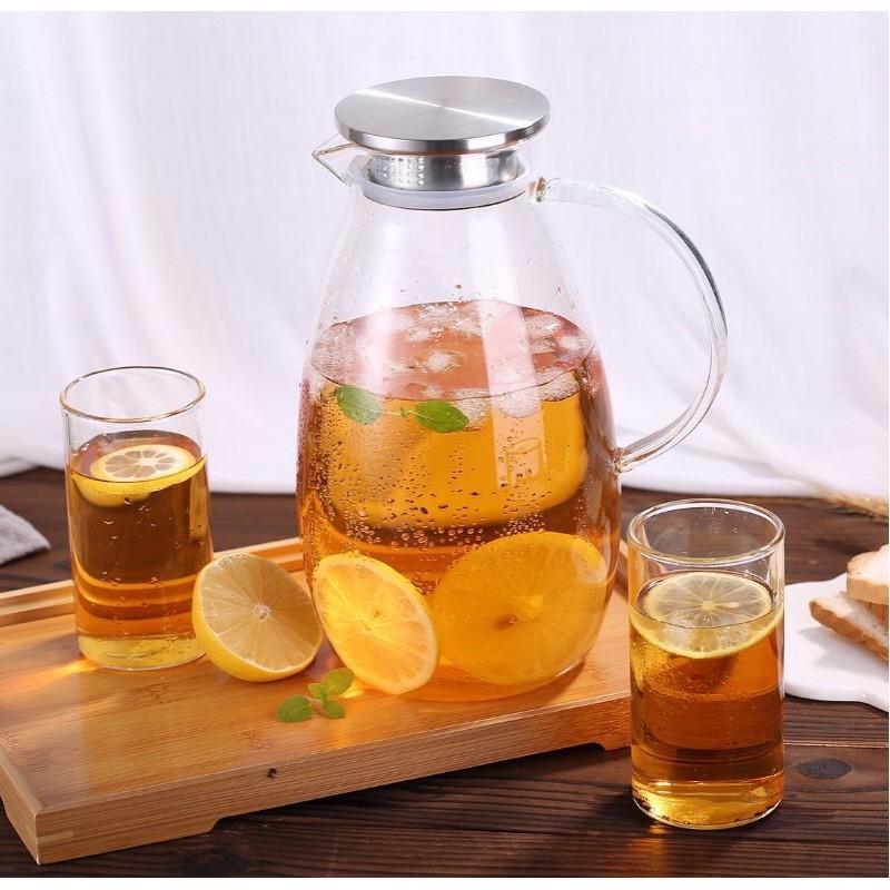 Bình nước thủy tinh chịu nhiệt, Bình dáng Bầu 1.6L , cốc thủy tinh 2 lớp 250ml