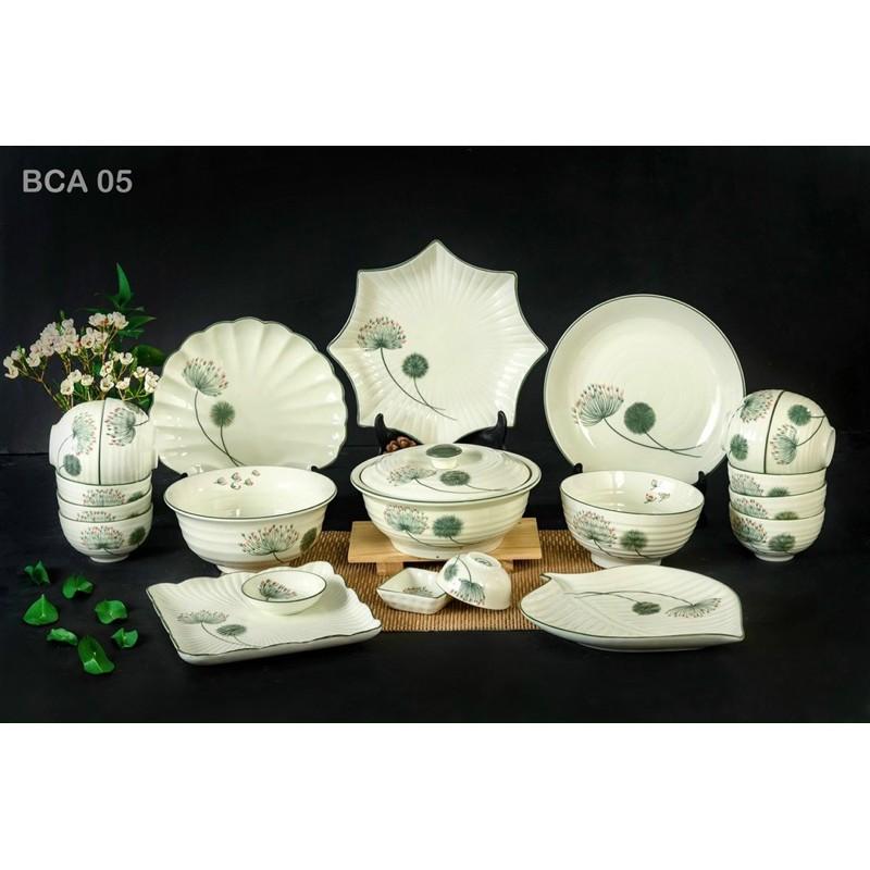 Bộ bát đĩa men kem, họa tiết hoa Bồ công anh vẽ thủ công