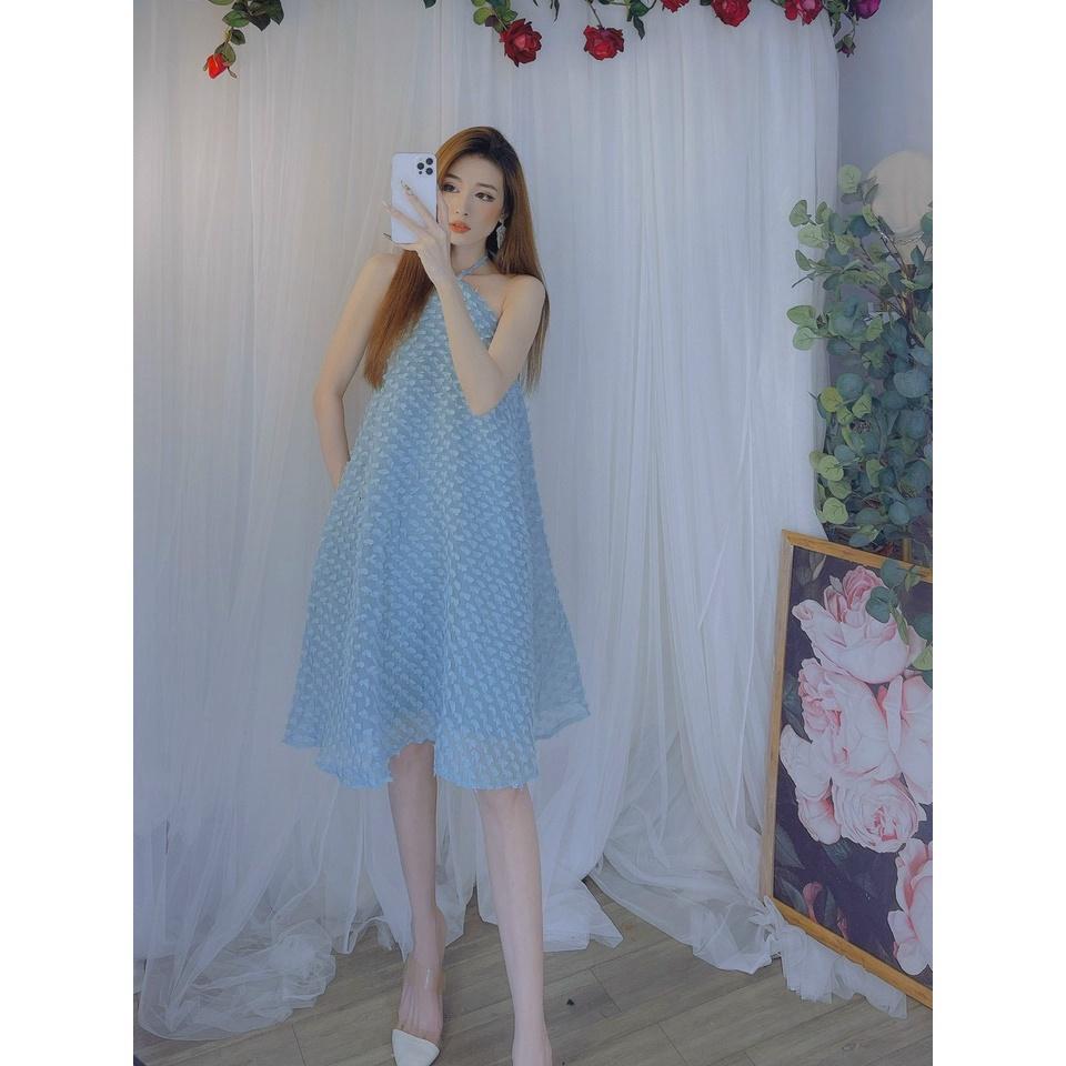 Váy cổ yếm nữ dáng xoè hoa nổi cao cấp siêu đẹp hình thật và video bầu bì bon chen duyên dáng bkfrreship