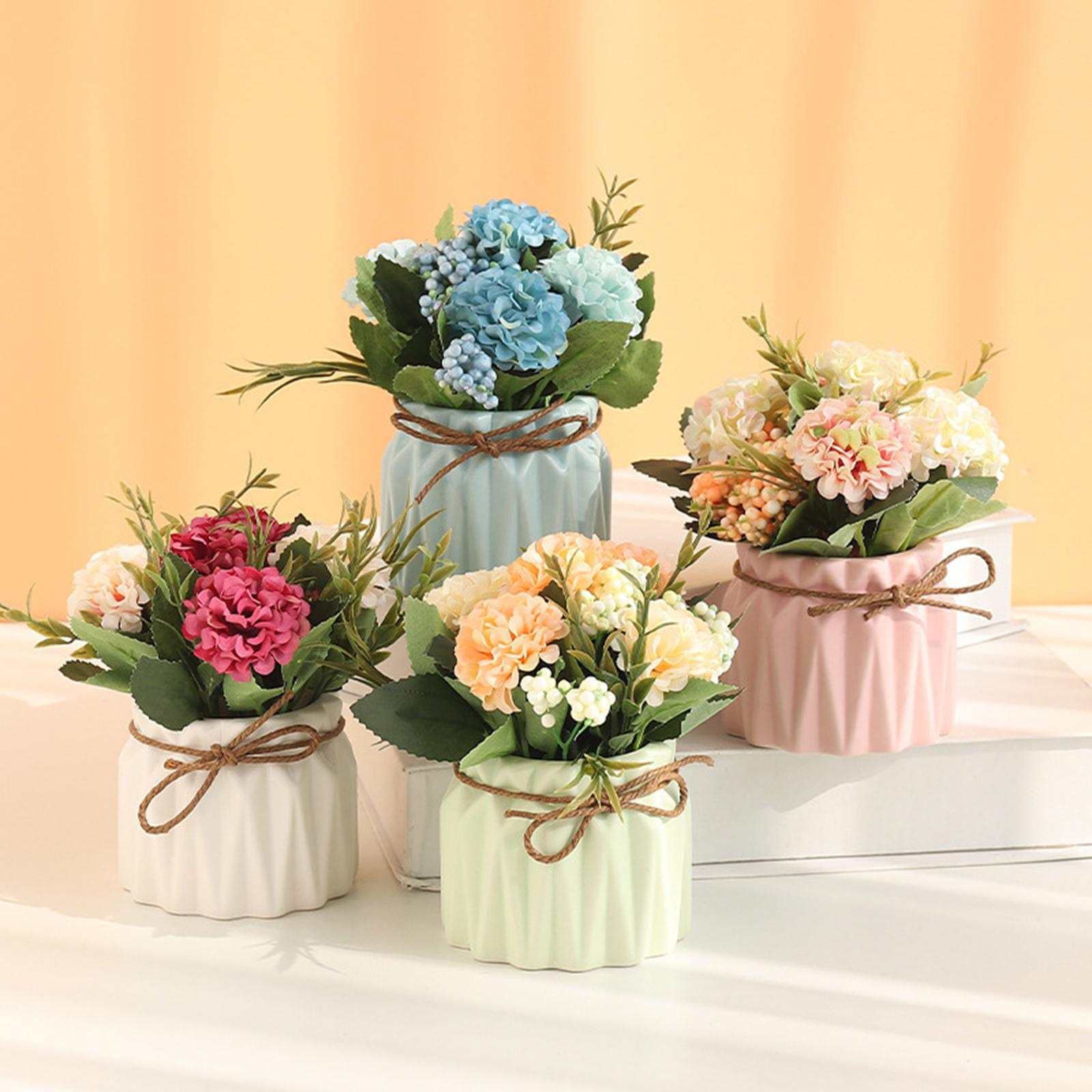 Mini Artificial Flower Fake Simulation Hydrangea Plant Ceramic Vase for Home