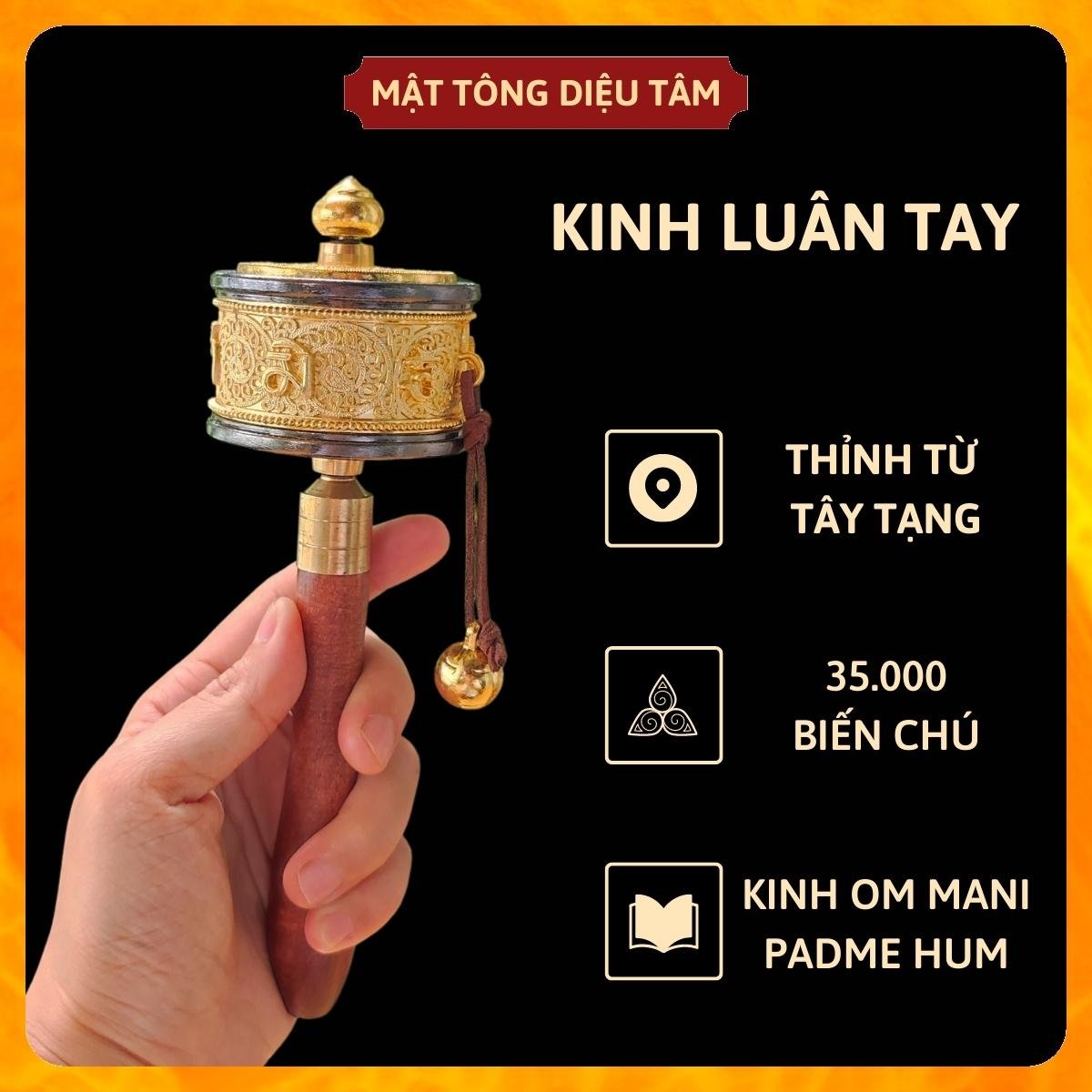 Kinh luân cầm tay tây tạng 35000 câu chú Om Mani Padme Hum màu vàng mật tông MS280 Diệu Tâm