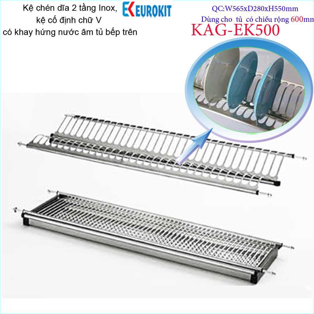 Kệ chén dĩa âm tủ chữ V KAG-EK500-60cm, Kệ chén bát 2 tầng Eurokit inox bóng cao cấp