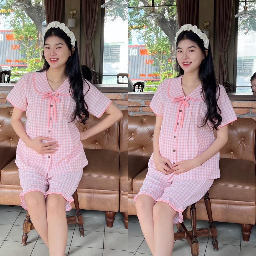 Bộ Đồ Bầu Lửng Karo Mẫu Mới Mùa Hè 2025 Mặc Nhà Chất Cotton Hàn Nhẹ Mát Có Chun Điều Chỉnh - Đỏ