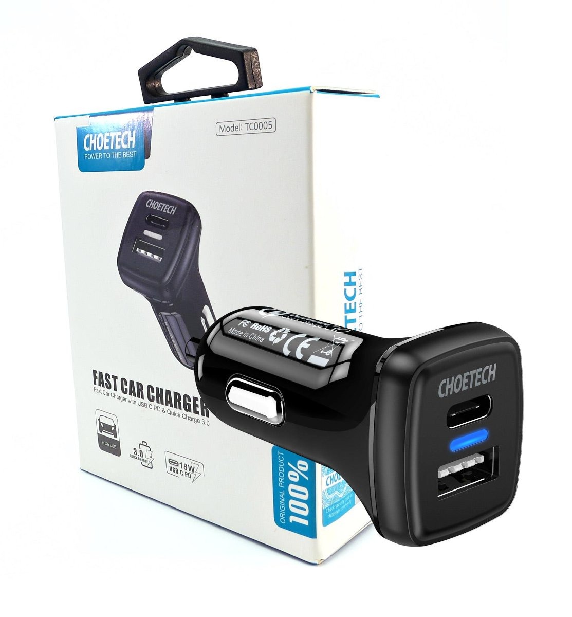 Tẩu Sạc Điện Thoại trên ô Tô 38W CHOETECH TC0005 Gồm cổng USB Quick Charge 3.0 18W, cổng Type-C PD 20W - Hàng Chính Hãng