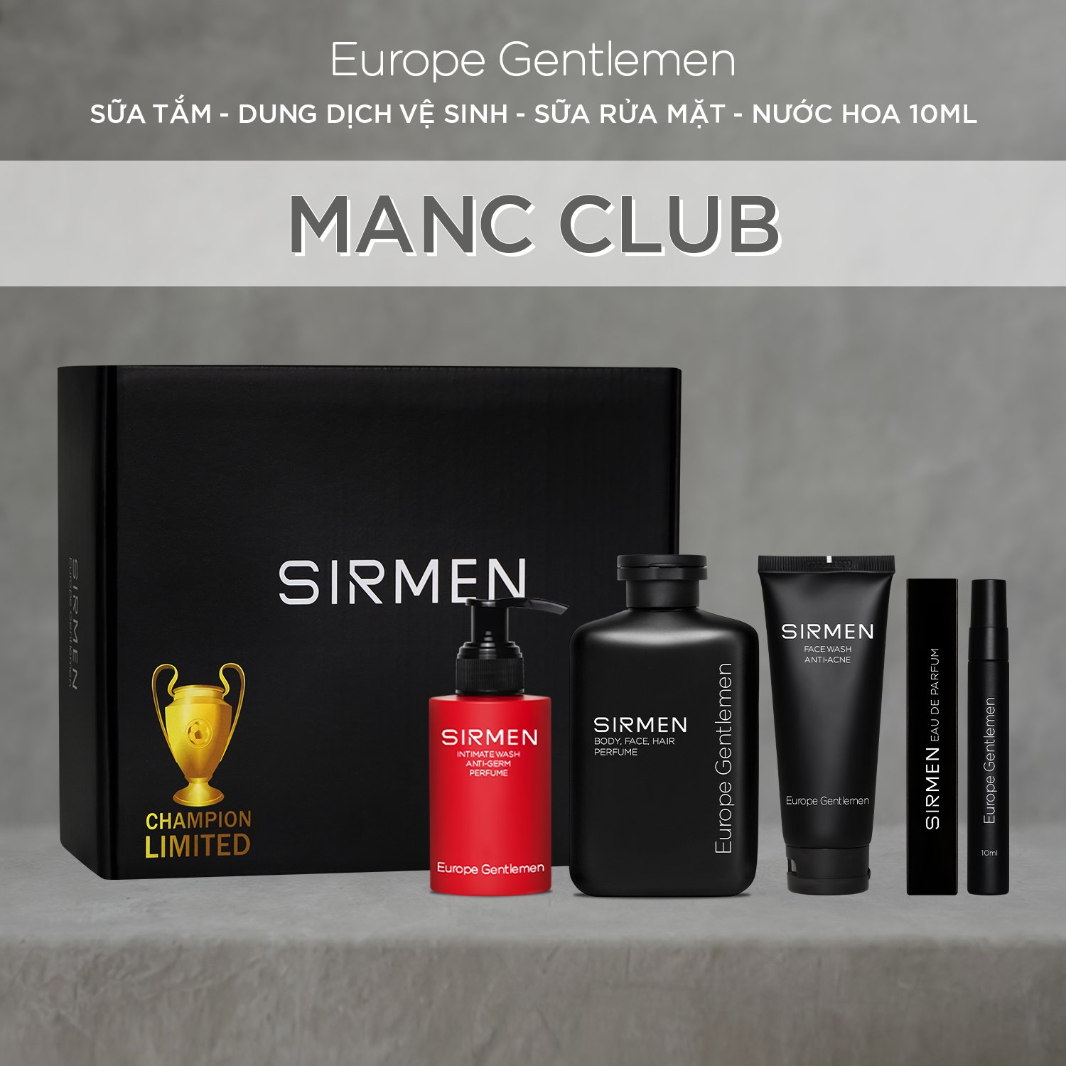 [CHAMPION LIMITED] Giftbox Combo 4 MANC CLUB SIRMEN Gồm Sữa tắm gội nam - Sữa rửa mặt nam - Dung dịch VS và Nước hoa nam 10ml