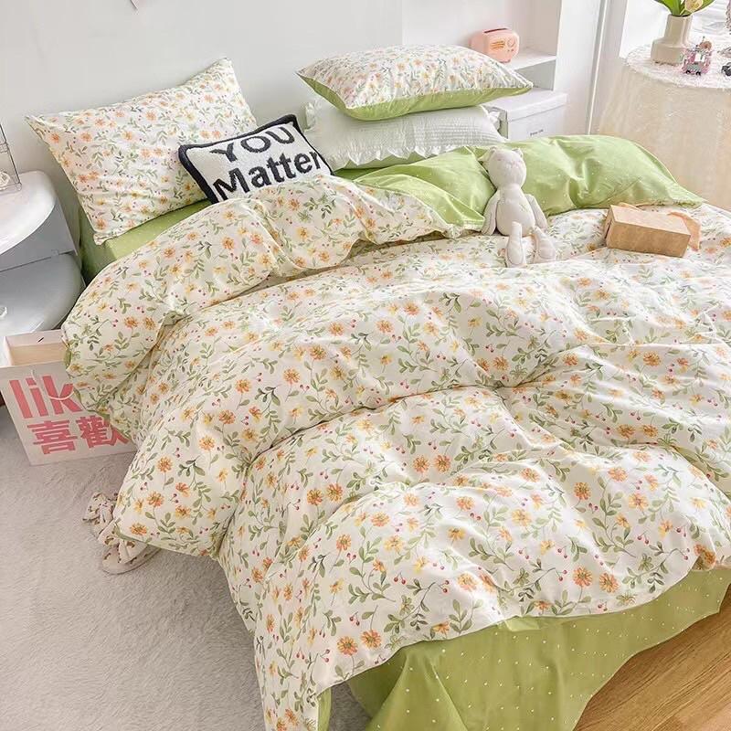 Bộ Chăn Ga Gối Côtton Living 100%cotton Hàng Nhập Khẩu Hoa Nhí Vàng