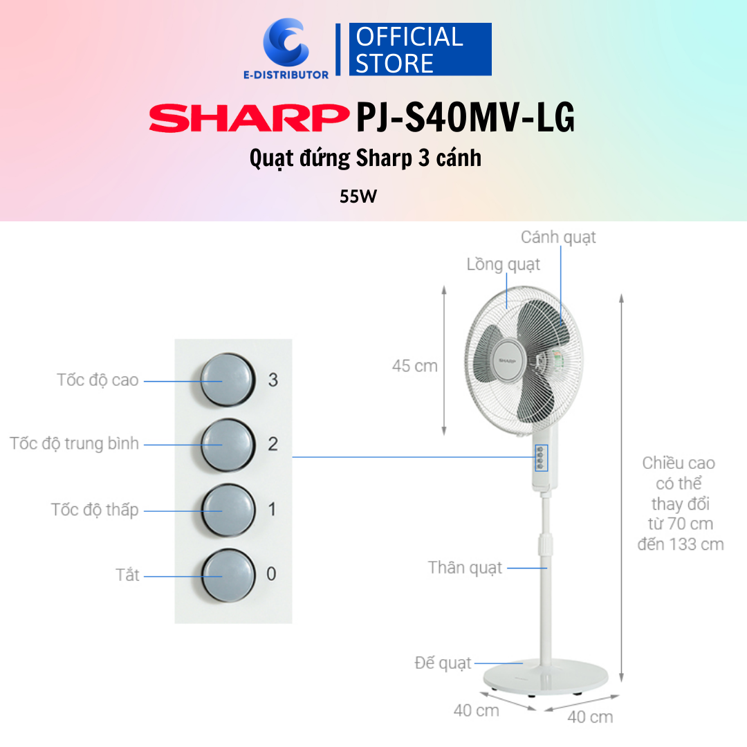 Quạt Đứng Sharp PJ-S40MV-LG Động Cơ Bạc Thau Sản Xuất Việt Nam Công Suất 55W - Hàng chính hãng -  Bảo Hành 12 tháng