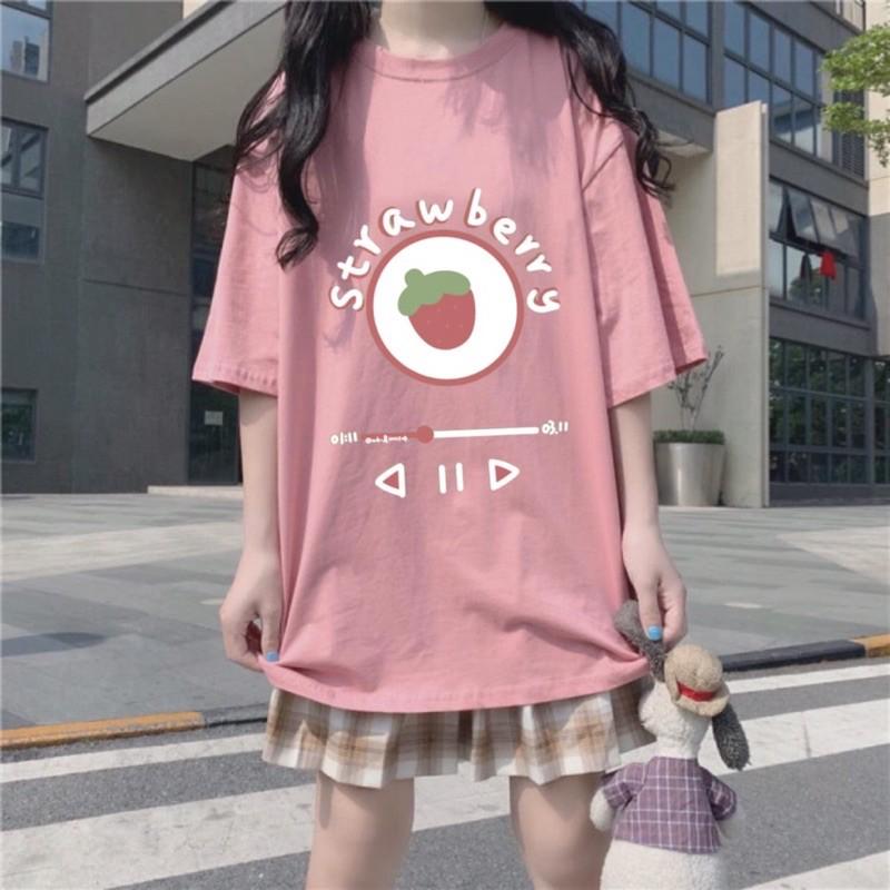 Áo Thun Tay Lỡ Form Rộng Unisex Nam Nữ Phong Cách Hàn Quốc Ulzzang STRAWBERRY Quả Dâu Tây