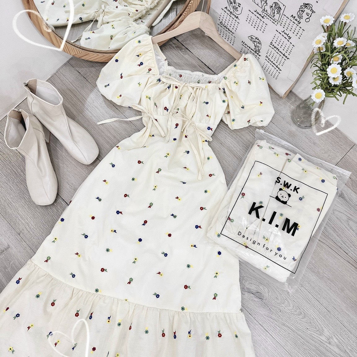 ĐẦM SUÔNG DÀI CỔ U HOA FLORAL TAY NGẮN BỒNG VÁY XẾP LY NHẸ ĐI BIỂN DẠO PHỐ DỰ TIỆC