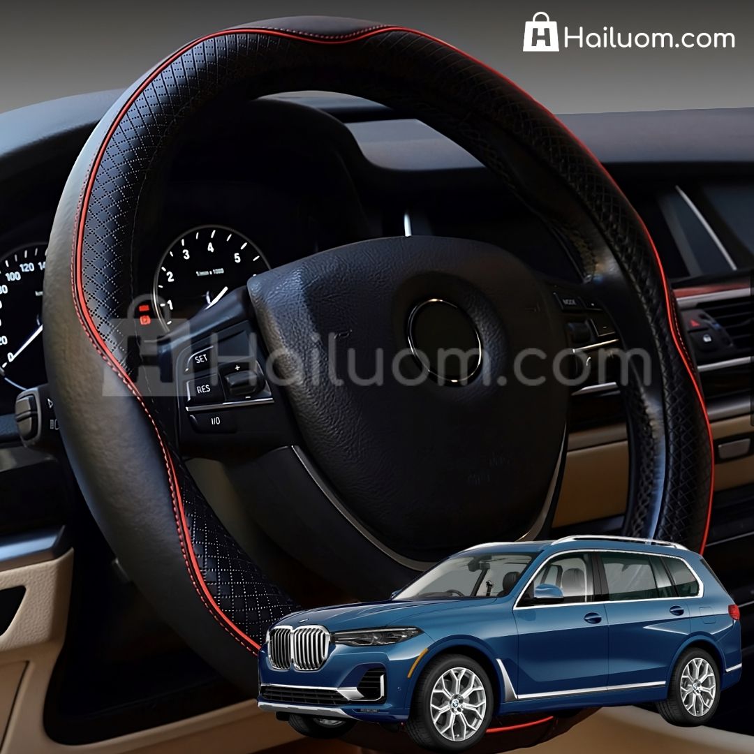 Bọc Vô Lăng ô tô cho BMW X7 Da Thật Cao Cấp - Màu Đen Chỉ Đỏ