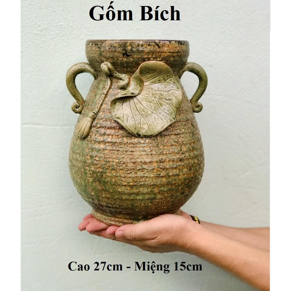 Bình Hoa Lọ Hoa Men Mộc Đắp Tai Lá Sen Cao 27cm Gốm Sứ Bát Tràng - Gốm Bích