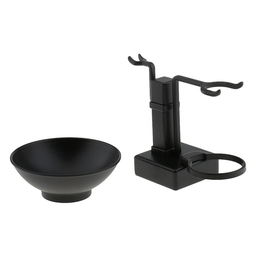 Men Alloy Beards Moustache Shaving Brush Bowl Stand Holder Set Black