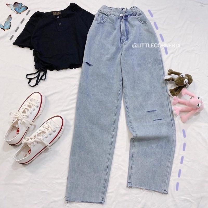 Quần Slim Jean Lưng Chun 2 Nút Rách Kiểu Nam Nữ Unisex lưng cao