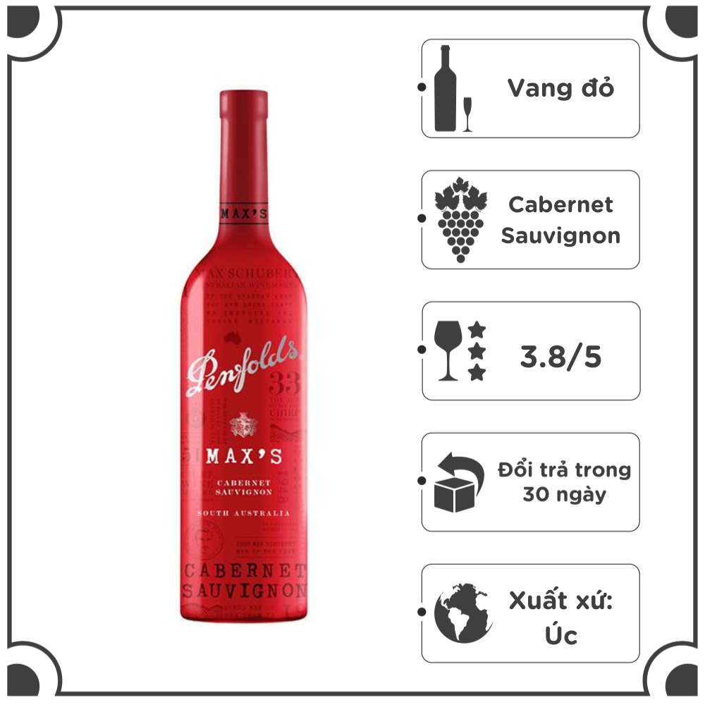 Rượu vang đỏ Úc Penfolds MAX'S Cabernet Sauvignon 750ml 14,5% - Không hộp