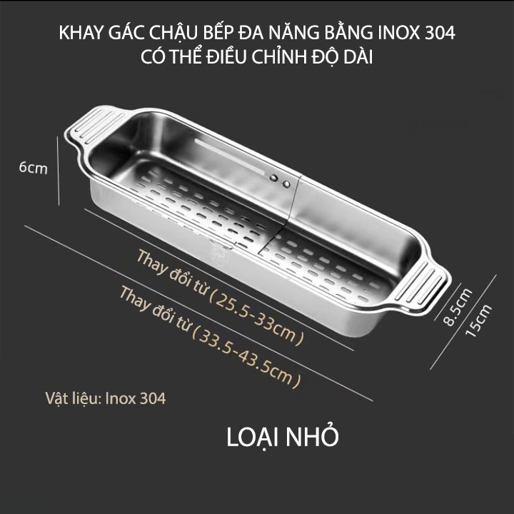 Khay rổ inox 304 gác chậu bếp thông minh xếp gọn, để đồ đa năng (loại nhỏ-rộng 15cm)