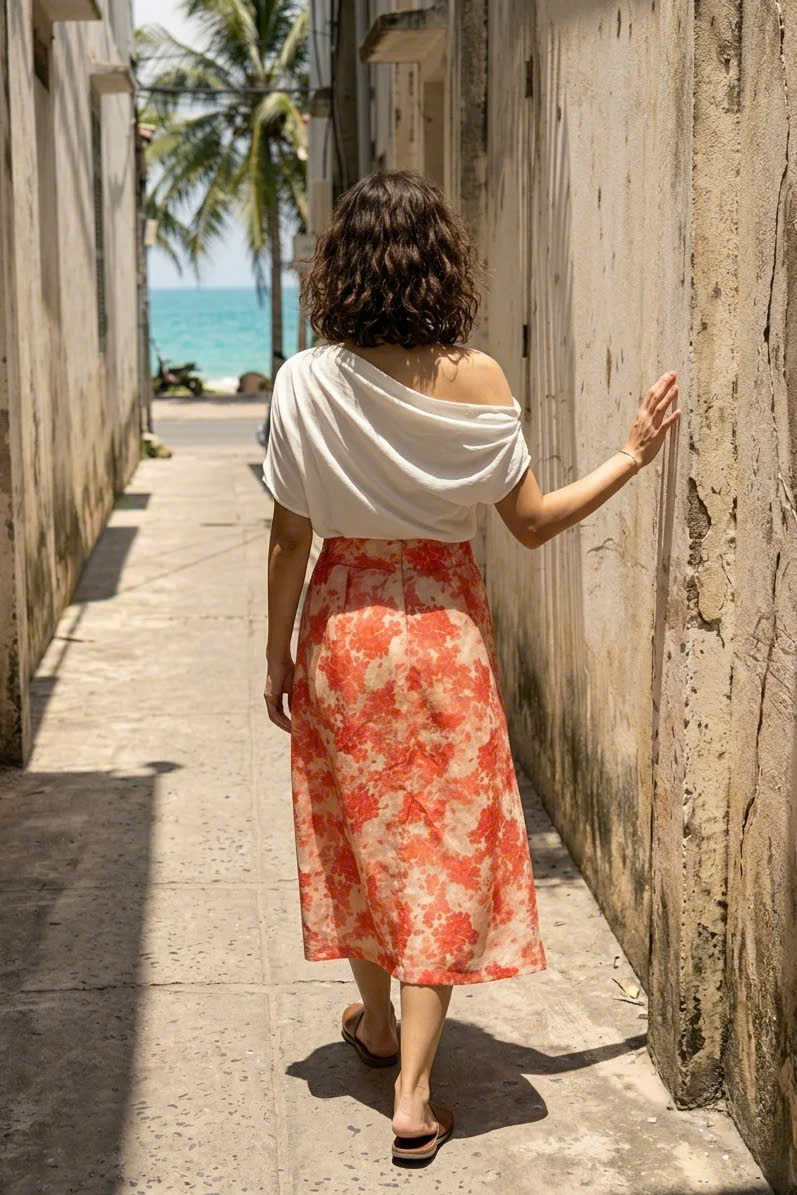 Váy Midi Ramie In Hoa Thanh Minh Ski055 Thời trang Hity