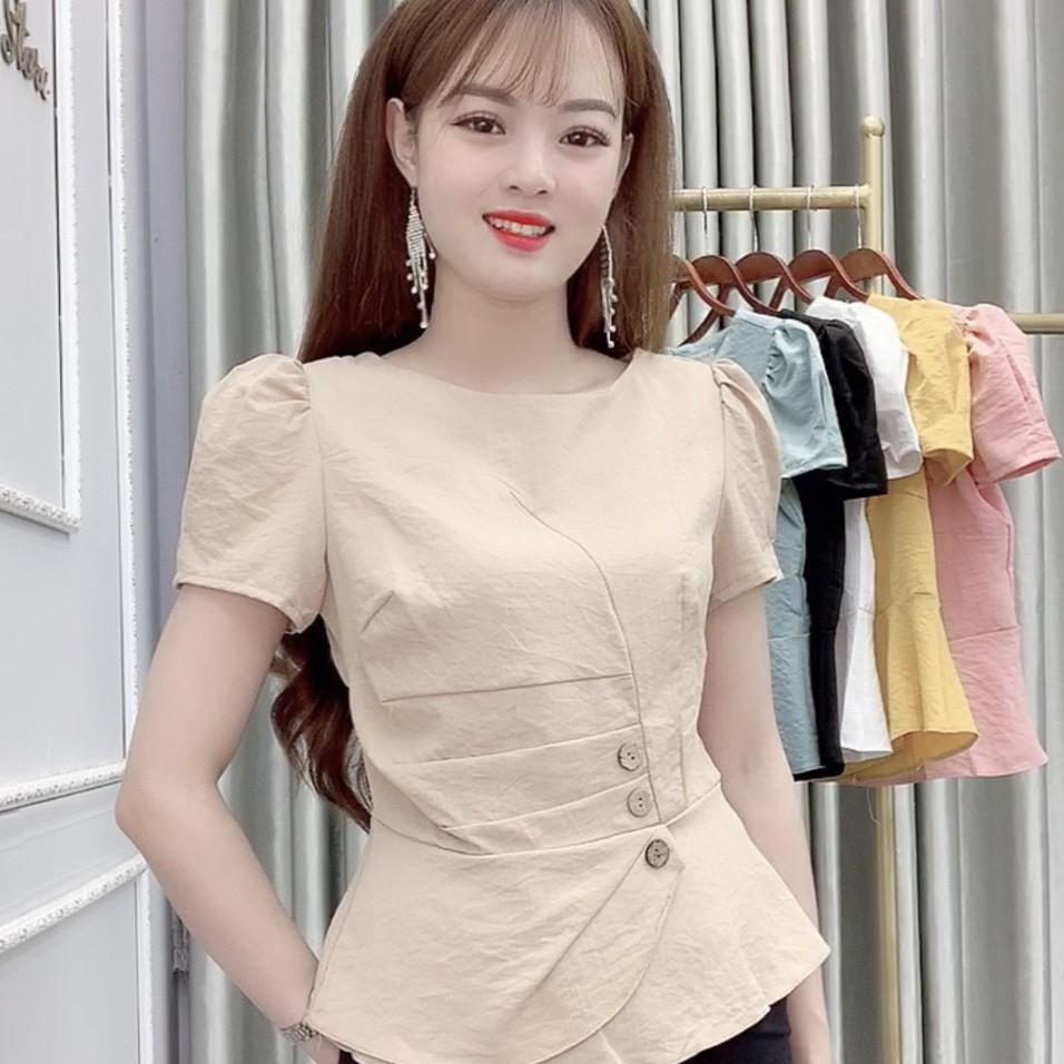 Áo Sơ Mi Nữ Kiểu Chất Đũi Công Sở Ngắn Tay Cổ Tròn - 6 Màu Trắng Vàng Đen Xanh Hồng Be - Hanlly Fashion Thời Trang - A13