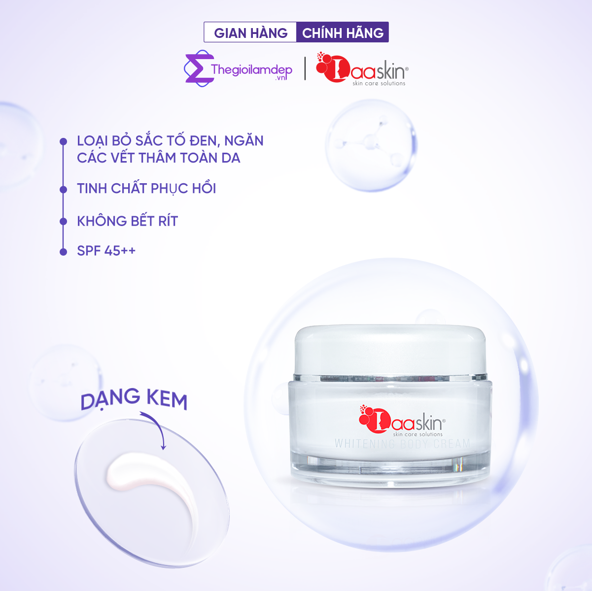 Kem dưỡng trắng da body Laaskin ngăn các vết thâm, độ chống nắng SPF 45++ 250gr