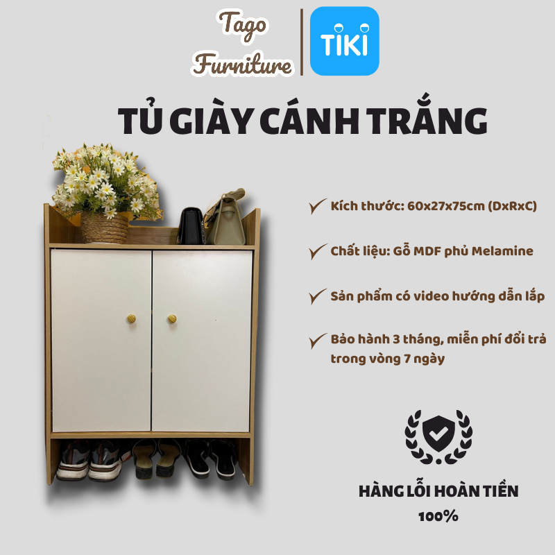 Tủ giày gỗ cánh trắng đa năng, kệ để giày thông minh gỗ MDF 3 ngăn hộc để đồ, cánh tủ che bụi hiện đại 60x27x80 TAGO10