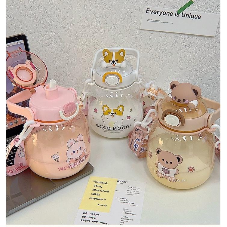 Bình nước hình thú cute mẫu mới 1,3L tặng kèm dây đeo và ống hút - Bình đựng nước hoạt hình dễ thương cho bé có quai đeo