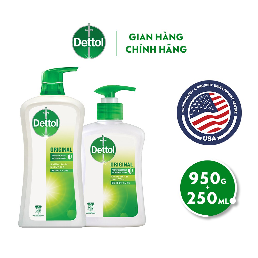 Bộ 1 chai sữa tắm kháng khuẩn Dettol 950G/Chai và 1 nước rửa tay diệt khuẩn Dettol 250G/Chai