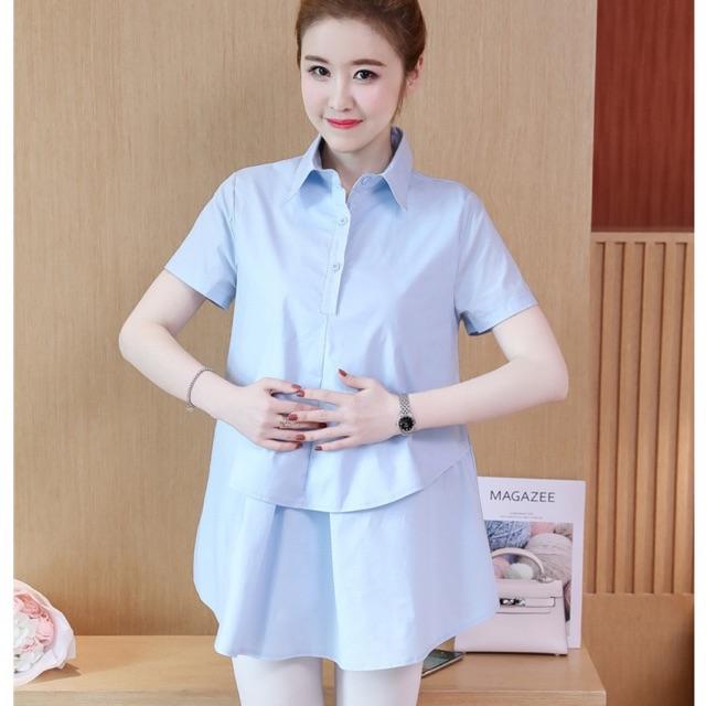 Sơ mi bầu hàng thiết kế màu xanh và trắng