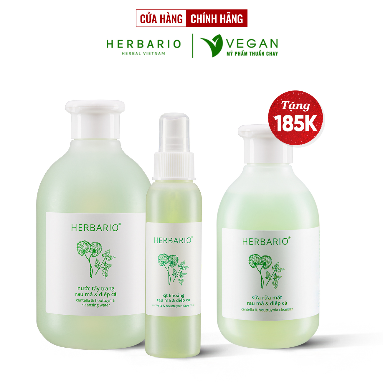 Bộ 3 rau má và diếp cá Herbario chăm sóc da mụn: Nước tẩy trang 300ml + Sữa rửa măt 200ml + Xịt khoáng 100ml