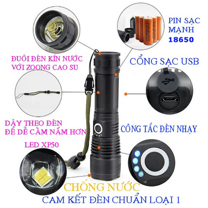 Đèn pin siêu sáng cầm tay XHP50 chiếu xa 500m có Zoom xa gần, chống thấm nước, pin trâu 6800mAh 5 chế độ sáng