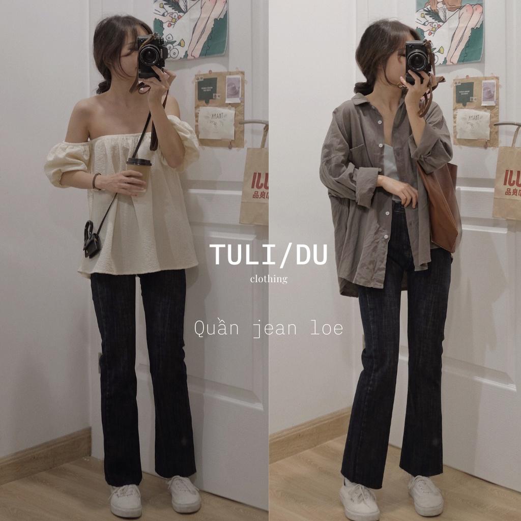 Quần Bò Ống Đứng Loe Nhẹ Lưng Cao Co Giãn Cắt Gấu Phong Cách Ulzzang Form Hàn Tulidu LY0850