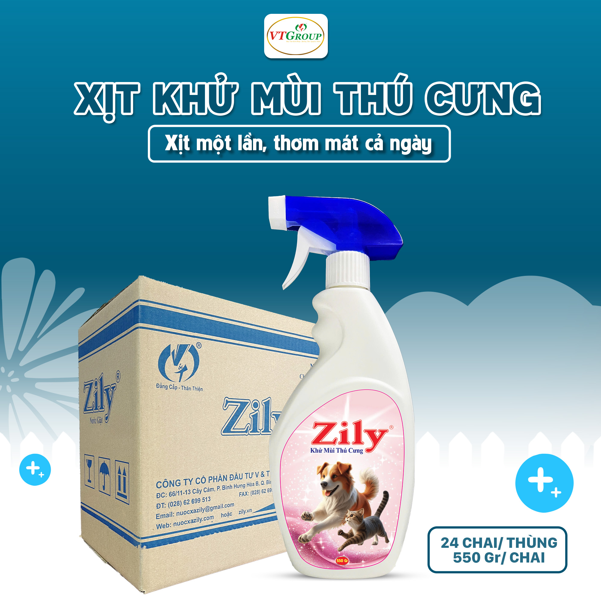 Xịt Khử Mùi Thú Cưng Zily 550g (24 Chai/Thùng) - Tặng 1 Chai Nước Giặt Zily 3.8Kg