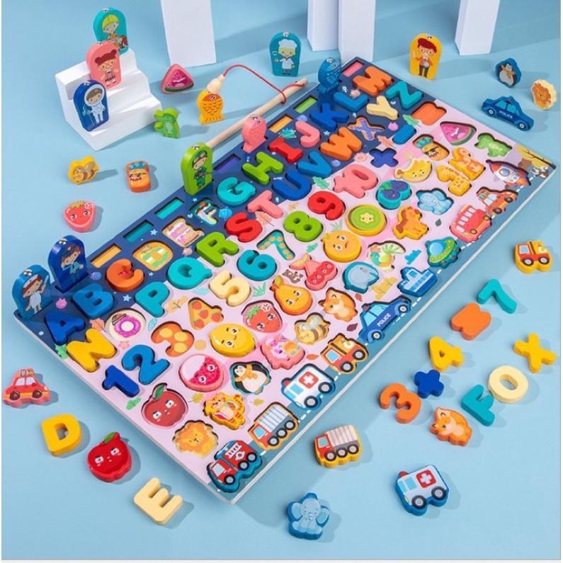 Montessori Cao Cấp Bảng Gỗ Ghép Hình + Câu Cá Cho Bé 7 In 1  - Hàng Chất Lượng