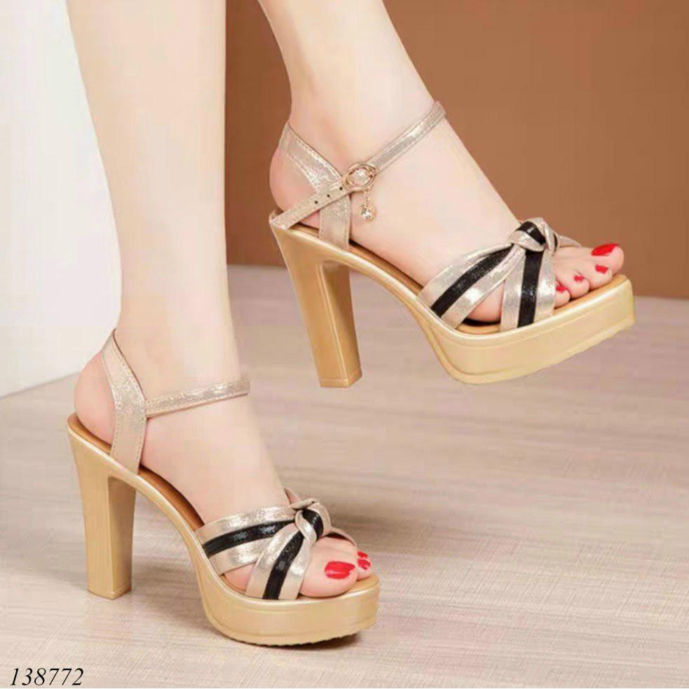 Giày sandal đế xuồng nữ 10cm,giày da xăng-đan cao gót cô dâu mix quai 10 phân vàng đen nhiều màu siêu nhẹ