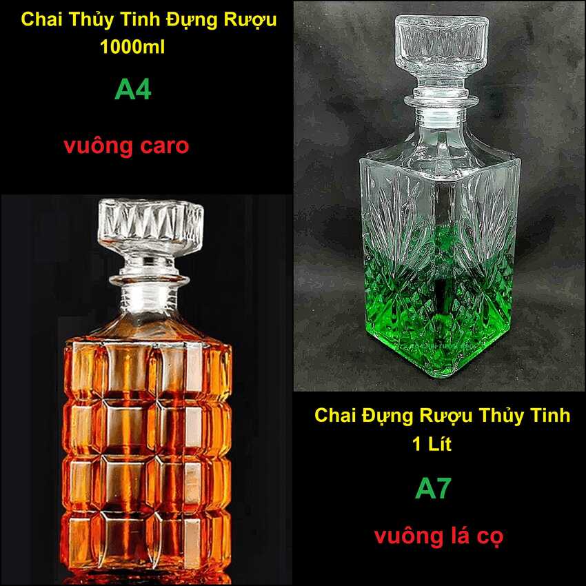 Chai Đựng Rượu Thủy Tinh cao cấp 1 Lít (combo 2 cái Vuông caro và vuông lá cọ)- Vỏ Chai Rượu Đẹp trưng bày, tiếp khách (A4,A7)