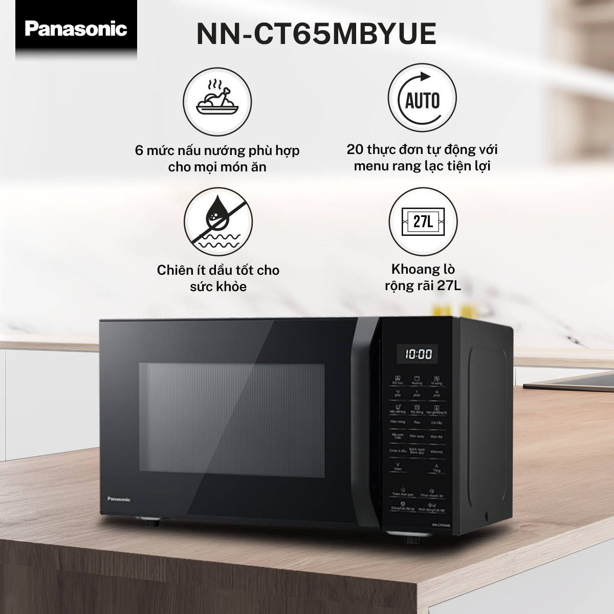 Lò vi sóng nướng đối lưu chiên không dầu Panasonic NN-CT65MBYUE – 20 thực đơn tự động – Dung tích 27L – Hàng chính hãng