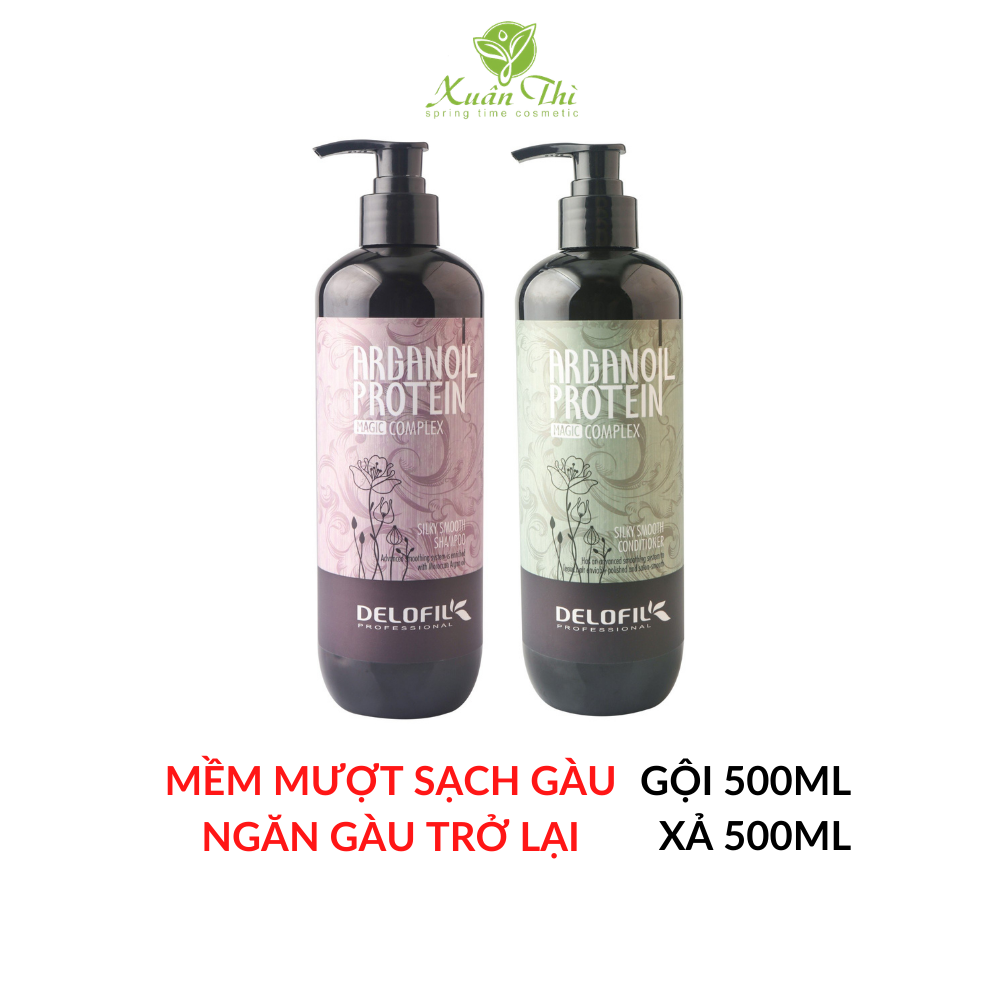 Cặp Gội &amp; Xả mềm mượt sạch gàu DELOFIL 500ml/800ml Arganoil Protein Silky Smooth giúp tóc suôn mượt, óng ả, ngăn ngừa gàu