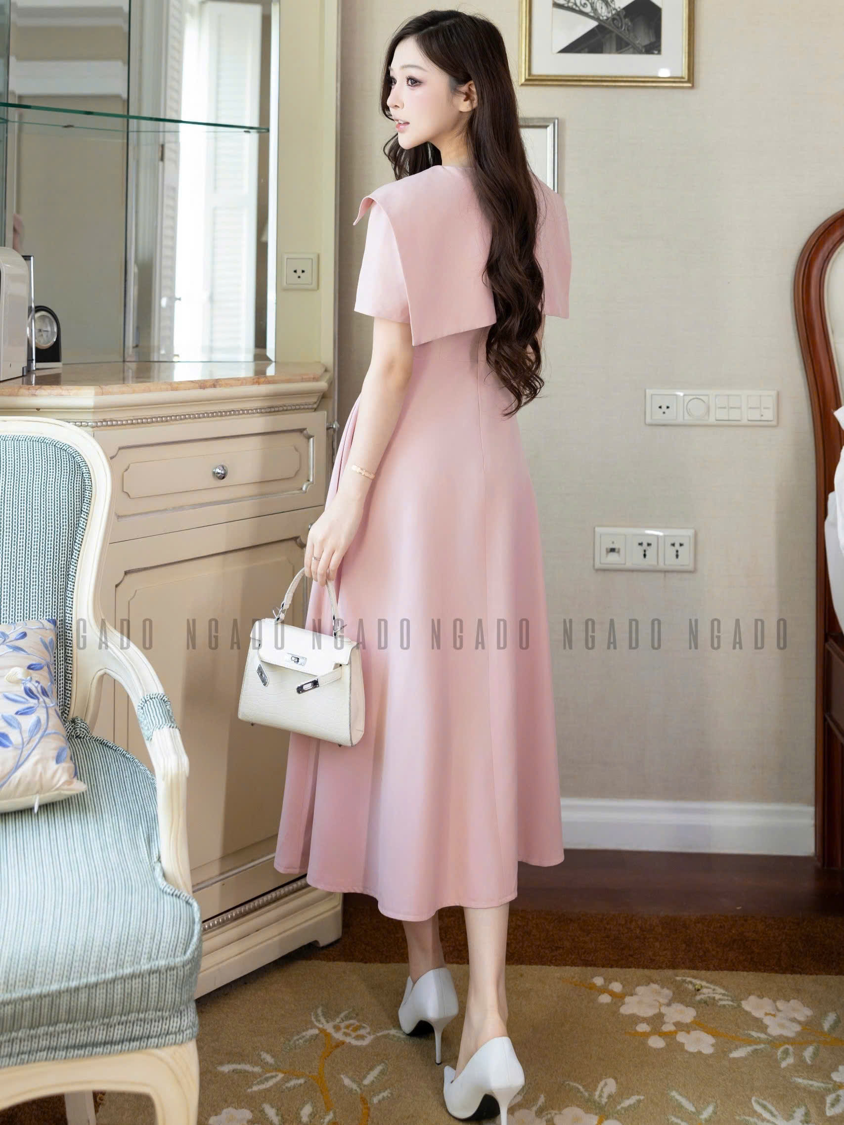 Đầm hồng cổ thủy thủ NGADO , đầm xòe , đầm dáng dài , đầm công sở