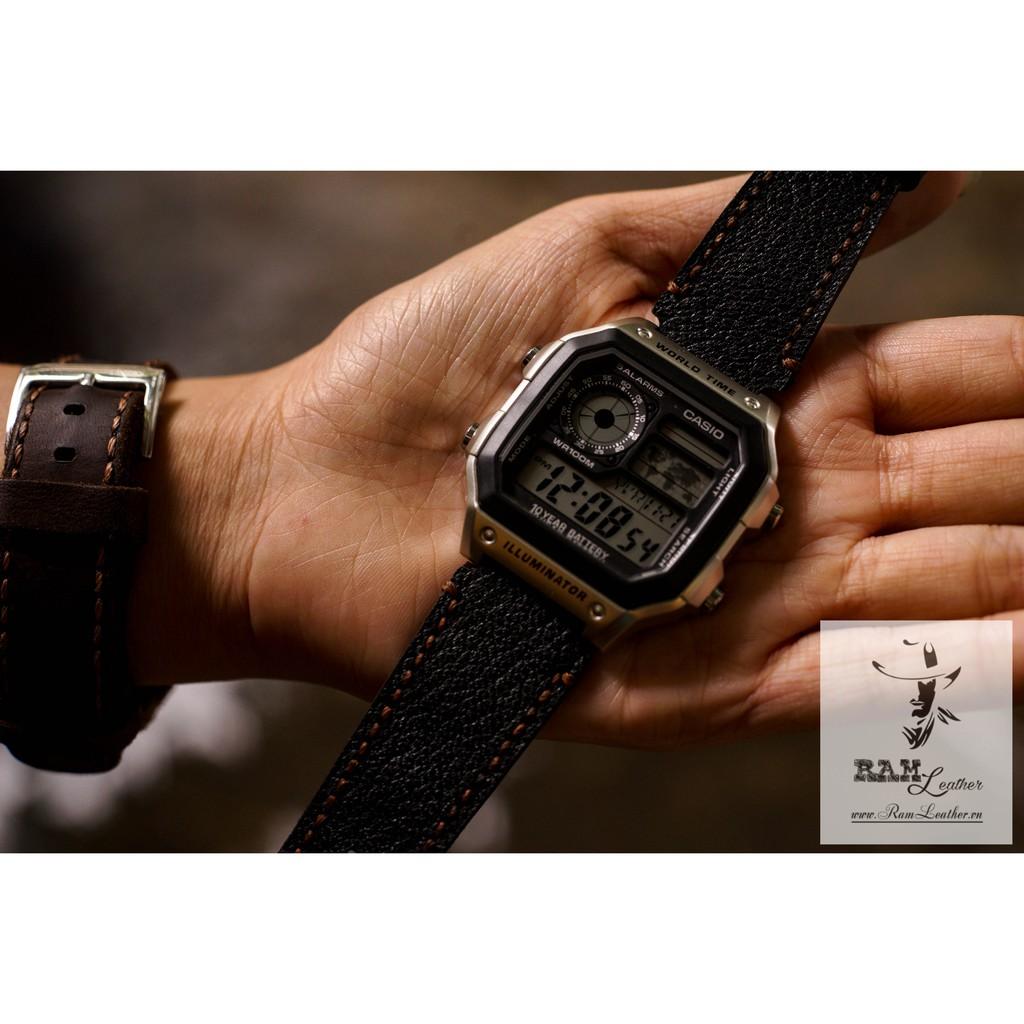 Dây đồng hồ da bò cho Casio AE1200 WHD và Seiko 5 37mm - Da dê đen tuyền