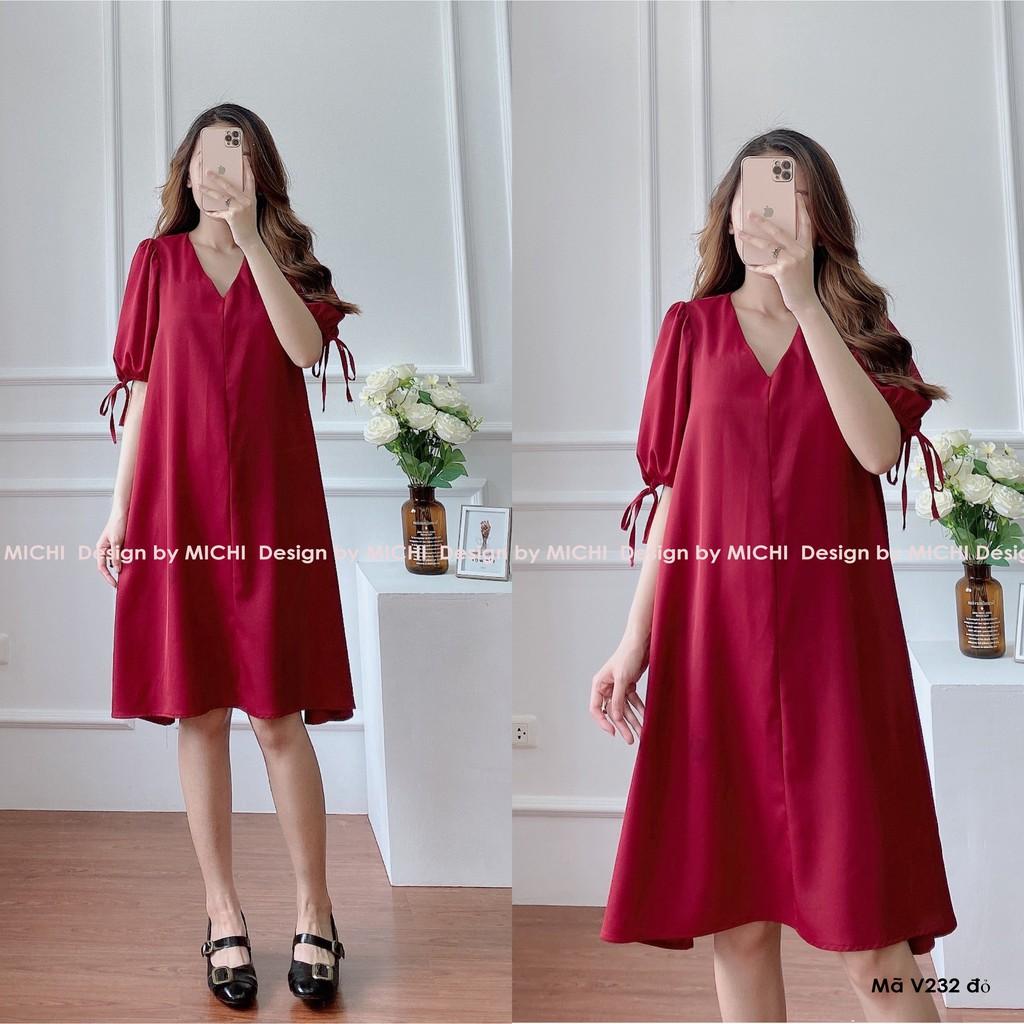 Váy thiết kế, dáng suông cổ V, tay nơ, đầm dáng xuông rộng, freesize 3 màu Xanh - Nâu - Đỏ, mã V232 - Michi's House