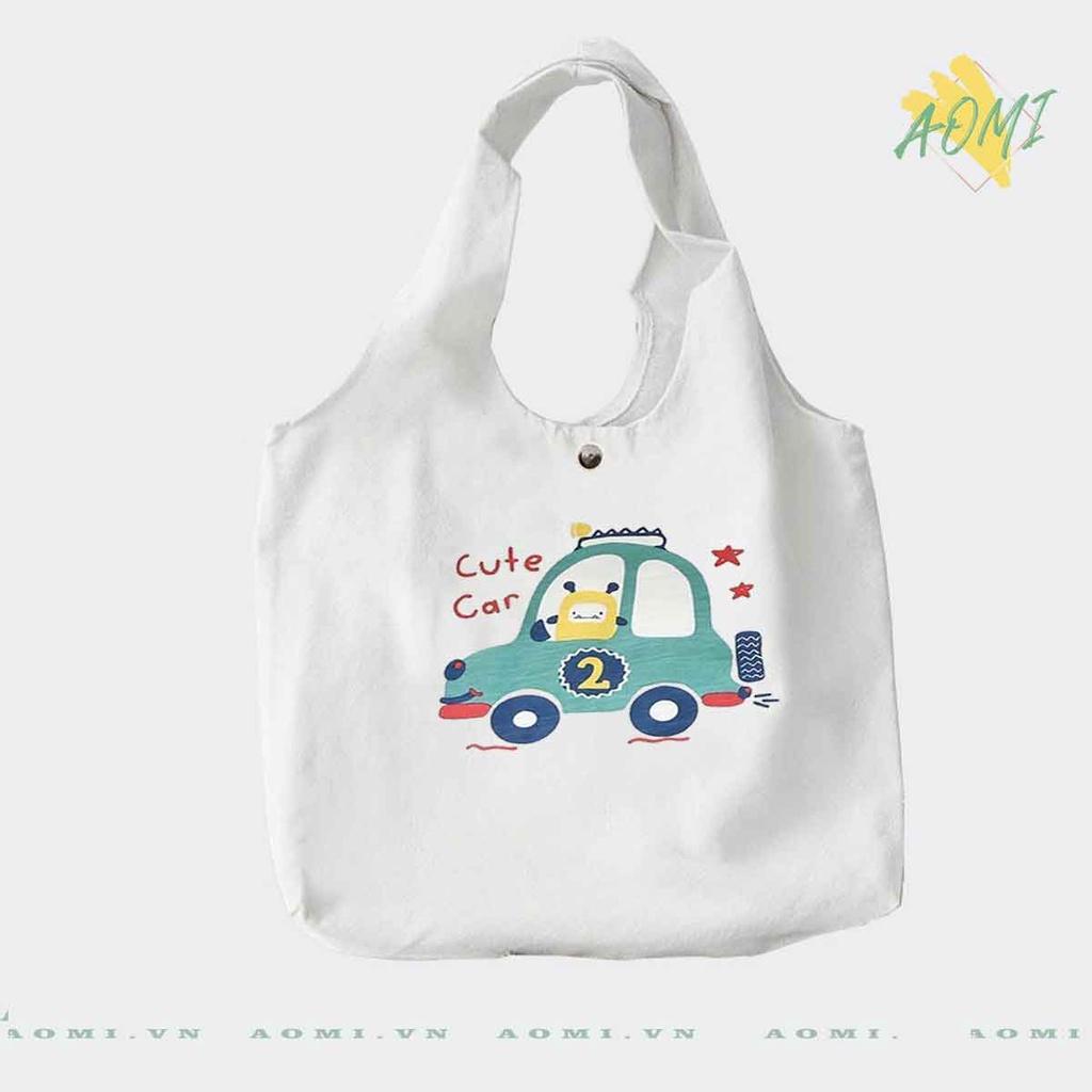 TOTE CANVAS hoat hình khủng long cute FORM TRÒN TÚI VẢI ĐEO VAI BAG NÚT BẤM SIZE LỚN AOMIVN DU LỊCH DẠO PHỐ CÁ TÍNH